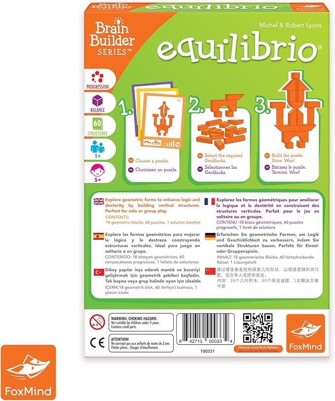FoxMind Games: Equilibrio Spatial Logic and Dexterity Game Build Gravity Defying Structures 60 Smart Puzzles to Work Through 6 Levels of Complexity Develops STEM Skills 1+ Players for Ages 5+