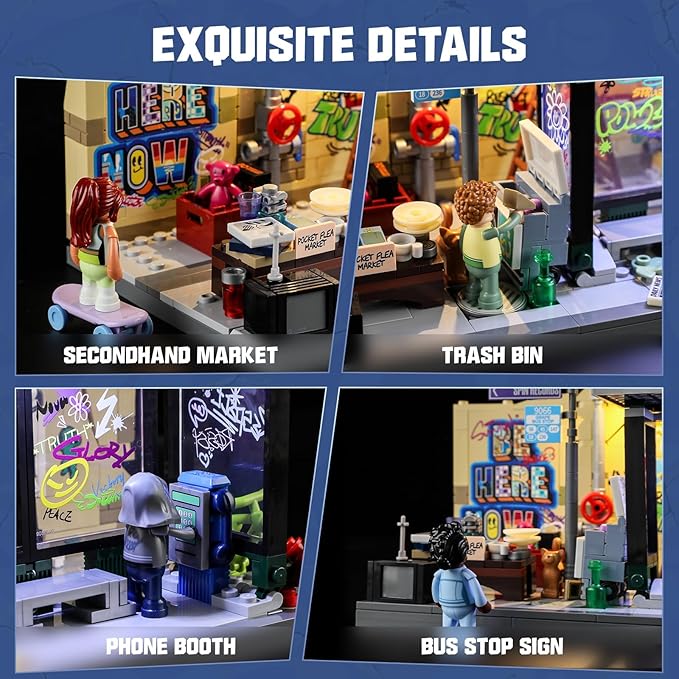 FUNWHOLE Graffiti Bus Stop Lighting Building Bricks Set - Street Fusion City Town Bus Station with LED Lgiht Multi-Form Modular Collection Kit 514 Pcs for Adults &amp Teens &amp Street Culture Lover