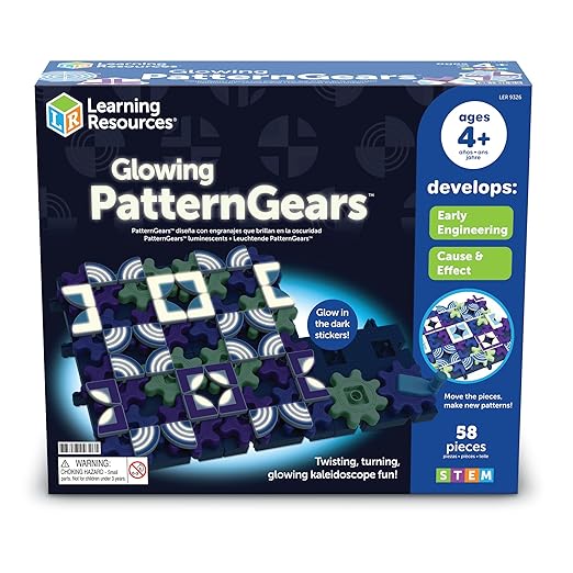 Learning Resources Glowing PatternGears - Building Set with Glow in the Dark Stickers Toddlers Hands-On Toy STEM Construction &amp Engineering Fine Motor Gifts for Boys and Girls