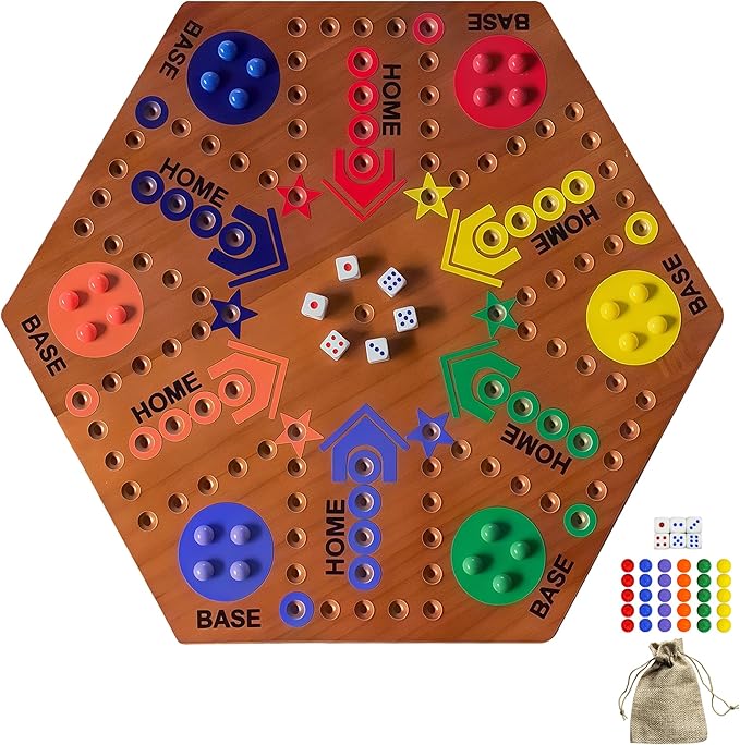 Wooden Board Game Board Game Original Marble Game Double Sided Painted 2 to 6 Player Fast Track Wooden with 6 Colors 24 Marbles 6 Dice for Adults Kids Family(20 INCH Flame)