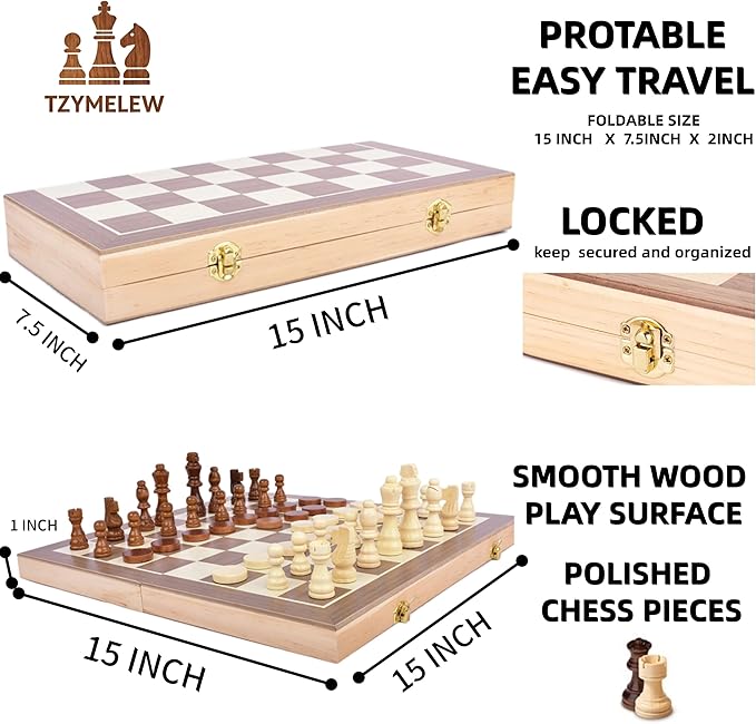 Wooden Magnetic Chess Set 15 – Foldable Board with Storage &amp Checkers Classic Family Game for Kids &amp Adults Perfect for Travel and Gifting