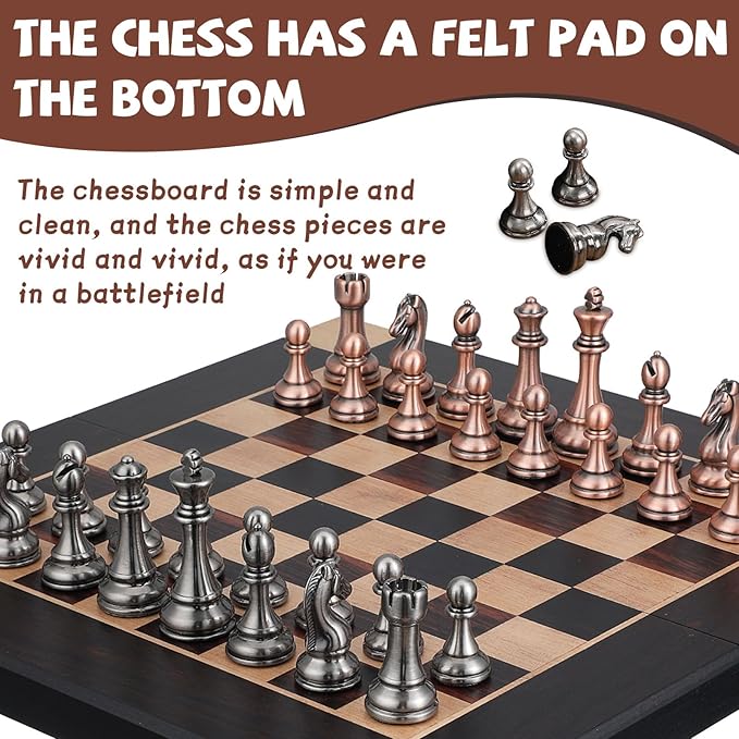 15-Inch Large Metal Chess Set for Adults and Kids with Metal Chess Pieces – Foldable Wooden Board with Storage Portable Classic Game Set for Travel &amp Home Elegant Gift for Chess Enthusiasts
