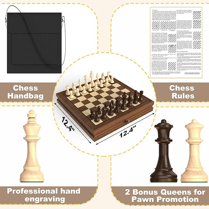 Premium Natural Walnut 13 x 13 Magnetic Wooden Chess Set with 1 Built-in Storage Drawers - 2 Bonus Extra Queens - 24 Checkers Pieces - Staunton Chess Pieces Board Games Chess Sets