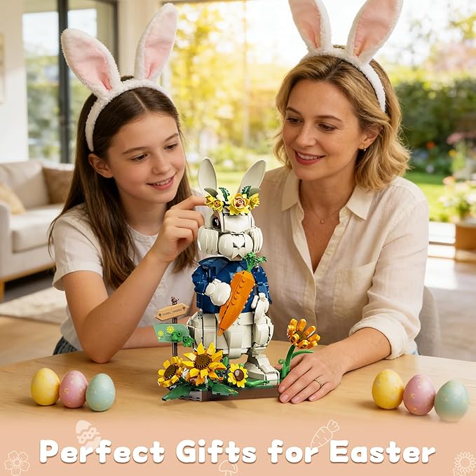 Easter Wonderland Bunny Building Blocks Set Compatible with Lego Easter Creator Cute Rabbit Toys with Carrot &amp Sunflower Display Base Creative Gift for Kids Girls Adults