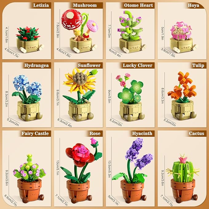 12 Pack Flowers Plants Mini Building Set - 1697PCS Flower Botanical Collection 3.6MM Succulent Building Toy for Home Office Decor Easter Birthday Party Favors Gift for Adults Girls Boys 12+