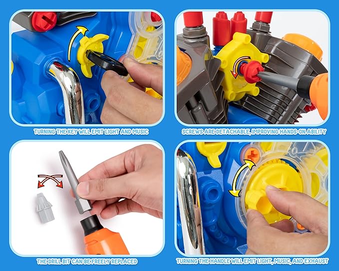 Engine Building Kit Kids Mechanic Repair Set for Kids Motorcycle EngineTake Apart Toys-42pc PlaysetSTEM Engine Model Kit Toy with Cool Lights&ampSoundsEducational Toys for 3+ Year Old (Blue)