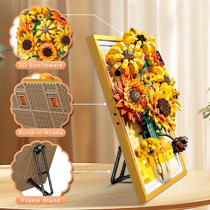 Lodikisbay Sunflower Frame Building Set Botanical Collection for Adult Wall Art Building Blocks Set Compatible with Lego Collectible Art Building Block Kit for Home Decor (1011PCS)