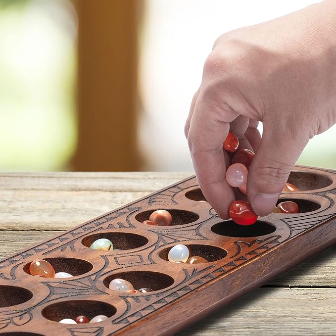 Yellow Mountain Imports Mancala Set with 17.3-Inch Solid Wood Board and Quartz Pebble Playing Pieces