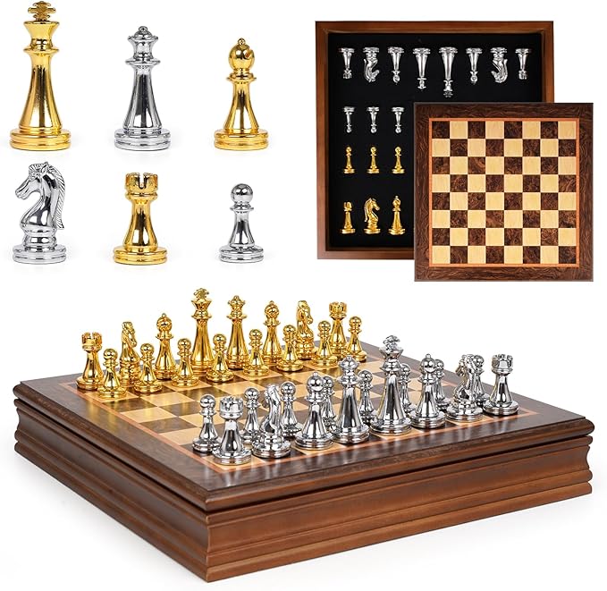 12-Inch Metal Chess Set with Wooden Board for Kids and Adults Gold &amp Silver Chess Pieces with Extra Queens Portable Small Chess Board for Travel Family Game Night Beginners &amp Professional
