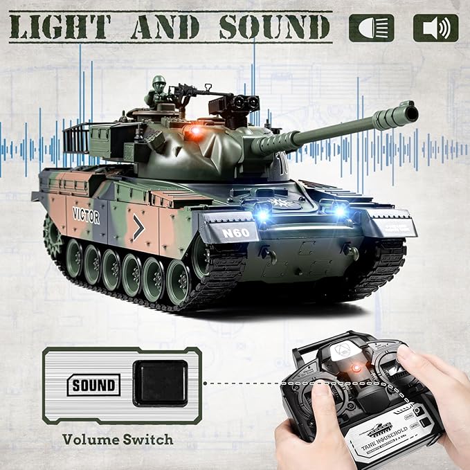 1:18 RC Tank 2.4Ghz US M60 Remote Control Tank Model Toys 15 Channel Battle Military Toy with Smoke Light Sound Volume Switch Army Toy for Adult and Kid
