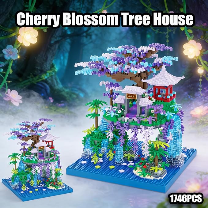 Beego Peach Blossom Pond Architecture Tree House Micro Building Kit Set Japanese Cherry Blossom Architecture Building Blocks Sakura Tree House Valentines Gift for Lover Adults(1746PCS)