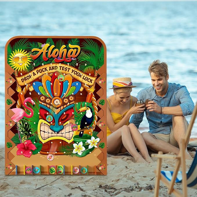 Blosssound 41.3 x 29.5 Extra Large Prize Drop Board Game Family Foldable Wood Disk Drop Game with 24 Colored Wooden Discs for Party Show Carnival Activity(Hawaii Style)