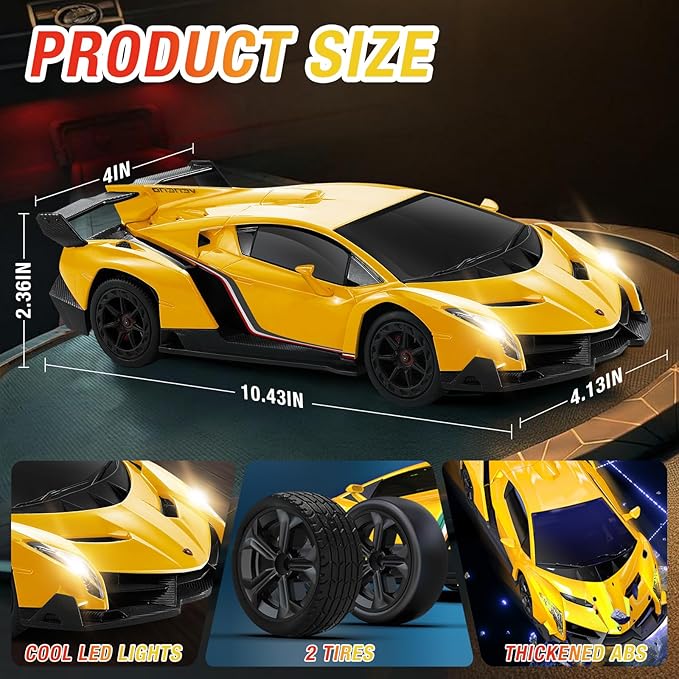 Lamborghini Remote Control Car for Boys 3-7 1:18 Scale Lambo Toy Car Official LicensedRC Drift Car 20Km/h with LED Lights 2.4GHz RC Cars for Adults Boys Girls 8-12 Birthday Gifts (Yellow)
