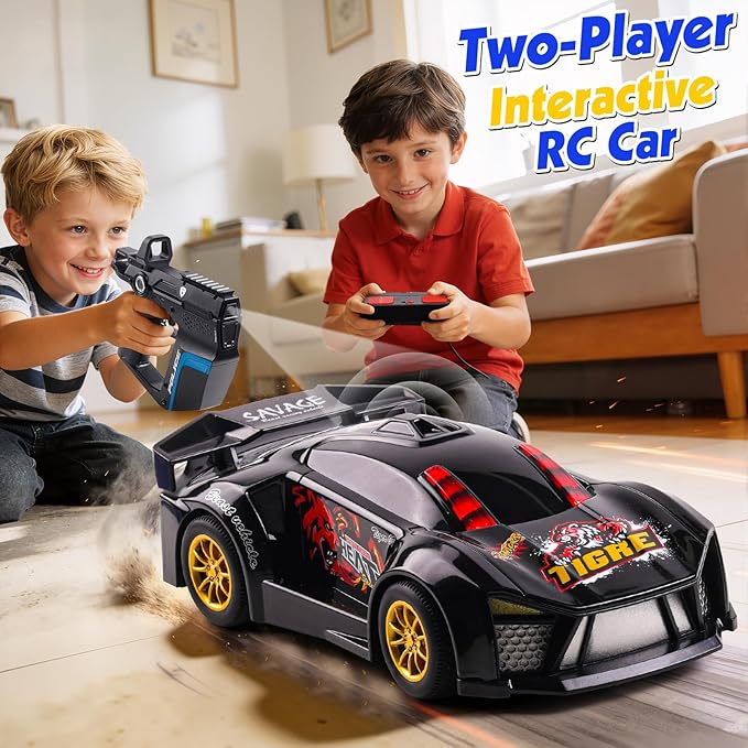 3-in-1 RC Drift Car Remote Control 1:24 Police/Sports/Racing Rechargeable 2-Player Battle Set with Infrared Gun Knock-to-Flip 60 Min Play for Kids 4 5 6 7 8 9 Year Old (Black)