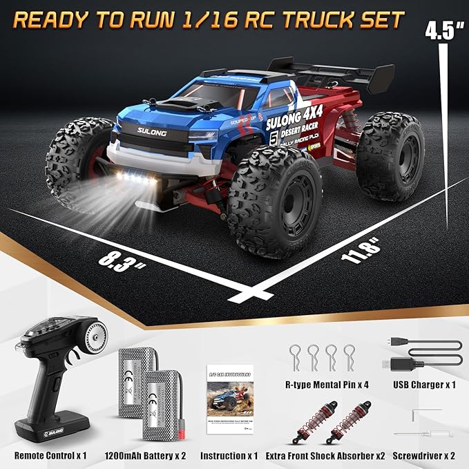 Scientoy 1/16 RC Cars 45 KPH 4WD All Terrain RC Truck Offroad High Speed Remote Control Car with 2 Batteries 60 Min Runtime Hobby Grade RC Vehicle for Teens &amp Adults