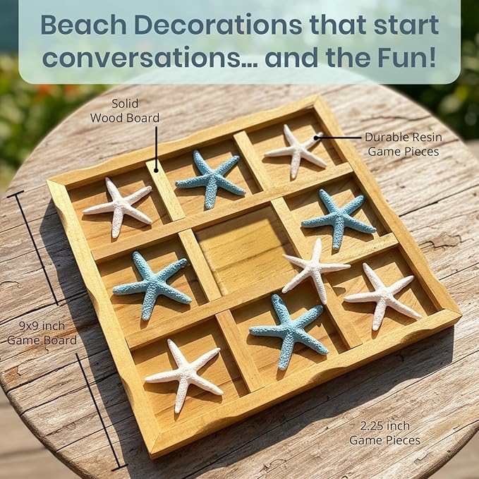 Tic-Tac-Toe Beach Decor | 9 x 9 | Perfect for Beach Décor | Plus Free Nautical eBook by Joseph Rains (Blue &amp White Starfish)