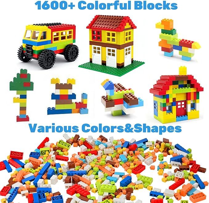1600 PCS Building Bricks Set Classic Bulk Building Blocks Compatible with All Major Brands Includes 3 Baseplates 53 Wheels Doors Windows Accessories Creative STEM Construction Toy Gift for Kids