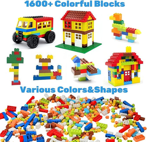 1600 PCS Building Bricks Set Classic Bulk Building Blocks Compatible with All Major Brands Includes 3 Baseplates 53 Wheels Doors Windows Accessories Creative STEM Construction Toy Gift for Kids
