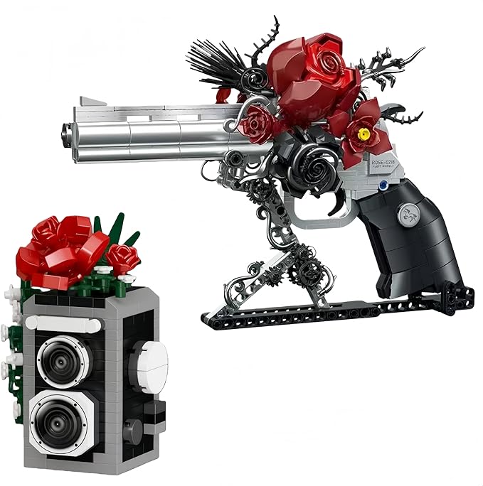 Gothic Revolver &amp Red Rose Building Block Set Micro Mini Camera Building Blocks Dark Romantic Guns and Petals Display Decor Creative Collectible Gifts for Adults Teens 14+