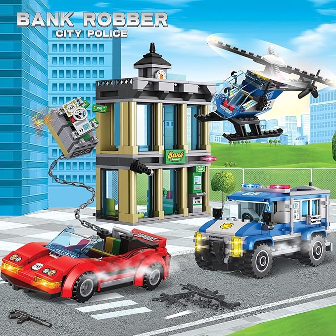 City Police Catch Thief Building Block Set with Cop Car Bank Helicopter Getaway Sports Car Fun Police Chase Toy for Kids Best Learning &amp Roleplay STEM Toy Gift for Boys Girls Ages 6+ (625pcs)