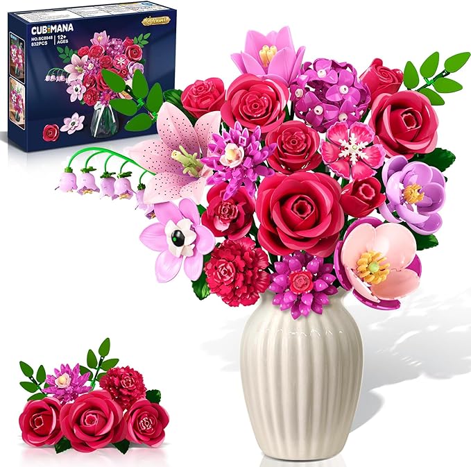 Flowers Bouquet Building Set with LED - 21 Rose Red Botanical Collection Kit for Adults Women Easter Gift for Her/Wife/Girlfriend/Mom 832 PCS Artificial Flower Plant for Home Decor