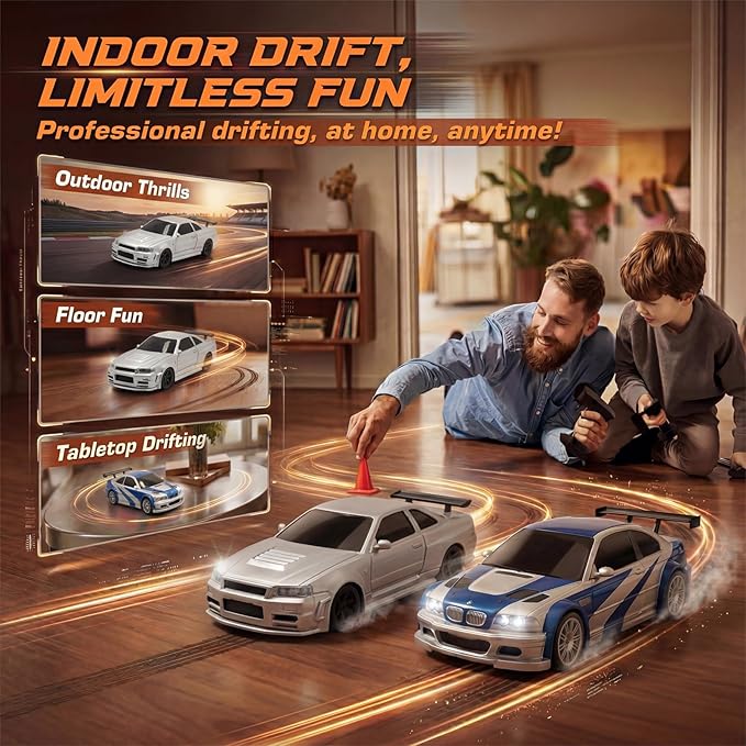 [4WD Edition 1/43 Scale Mini RC Drift Car Toys for Age 8-14 Old Birthday Gifts High Speed Racing Micro Small with Full Proportional RTR 2.4GHz Remote 2 Tire Sets 8 Cones - Silver