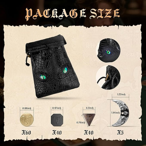 145PCS Metal DND Coins &amp Leather Bag Contains 60 Gold Coins 40 Sliver Coins 40 Copper Coins and 5 Platinum Coins Tokens with Glow in The Night Eyes Bag for RPG Tablelap Games