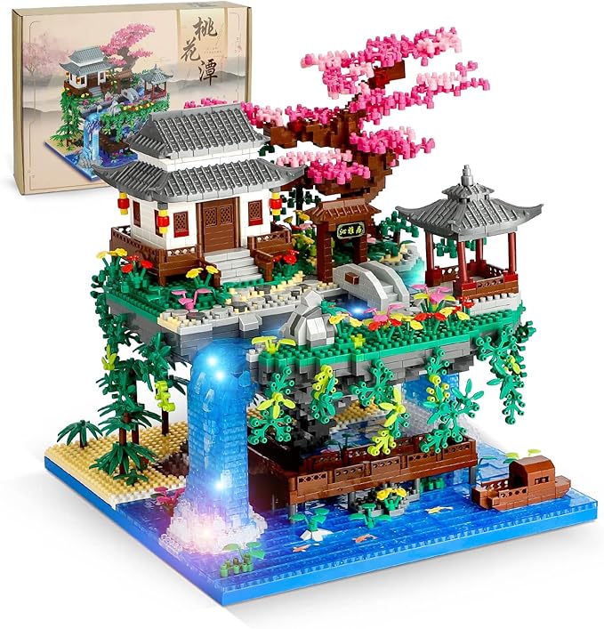 Peach Blossom Pond Micro Mini Building Blocks Set for Adults and Kids Chinese Architecture Cherry Bonsai Gift Toys with String Lights Japanese Flowers Tree House Micro Bricks (3320PCS)