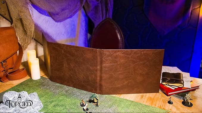 Game Master Screen - 38.5in Landscape DM Screen Compatible with Dungeons and Dragons and Other TTRPG - Faux Dragon Skin with Clear Dry Erase 8.5 x 11 Pockets - Slipcase Stores with DND Books - Brown