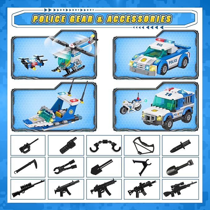 982Pcs City Police Station Building Toy Set - 6-in-1 Emergency Rescue Center with Police Car Boat Helicopter &amp Motorcycle - STEM Police Playset Gift for Kids Boys Girls Ages 6-12