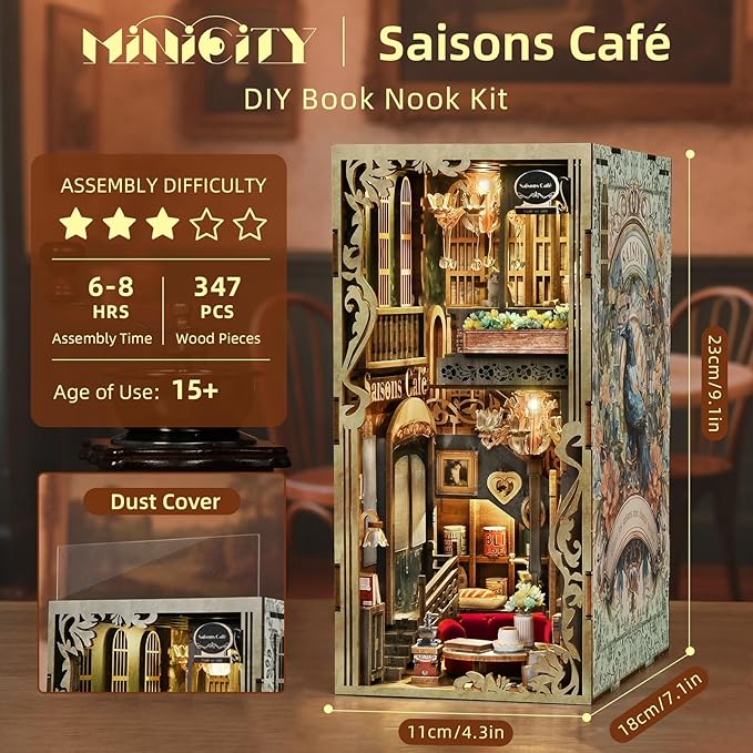 Book Nook Kit DIY Miniature Dollhouse Kit 3D Puzzles for Adults Tiny House Mini Home Craft Bookshelf Nook Puzzle Book Decor Gifts for Teenagers Book Lovers (Saisons Café)