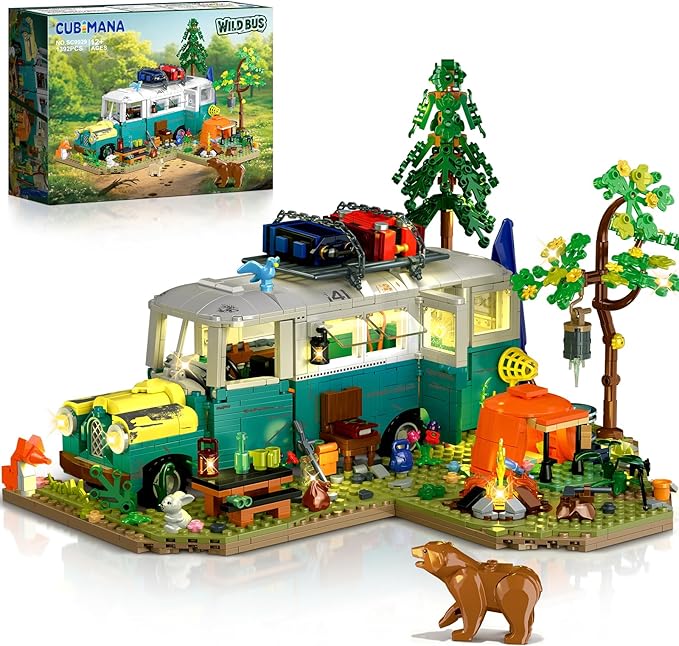 Wilderness Bus Building Set with Light 1392PCS Camping Building Toy Kit with Removable Bus Animals and Rich Accessories Creative Home Decor &amp Display Xmas Birthday Gifts for Adults Teens