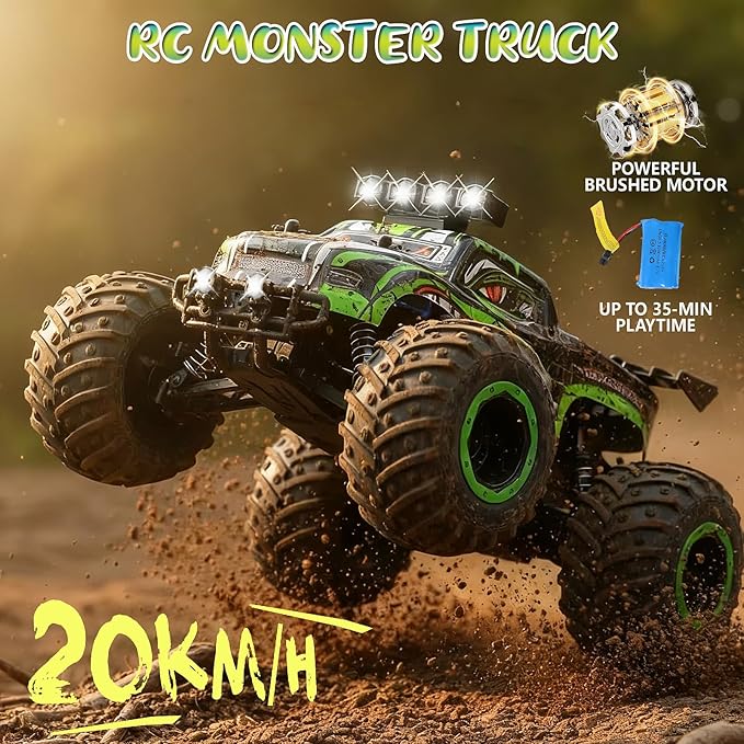Remote Control Monster Truck for Kids: Off-Road RC Car with Headlights &amp Body Lights 1:18 20 km/h 2WD 2.4 GHz All-Terrain Rechargeable High-Speed - Birthday for Boys Ages 4-12