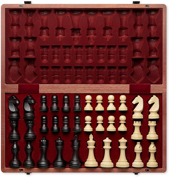 A&ampA Premium Folding Chess Set 19 Wooden Board &amp 3.75 King Height Staunton Pieces with 2 Extra Queens Portable Travel Game Set (Natural Mahogany 19 Inches)