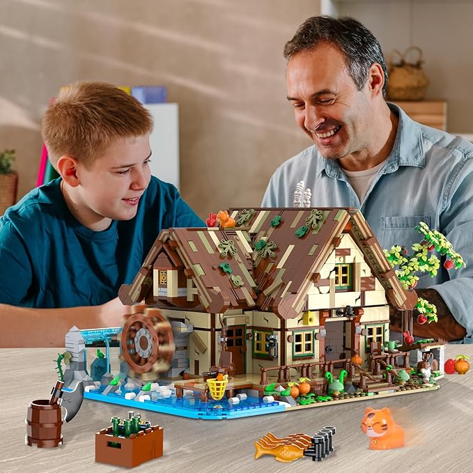 Wood Cabin Building Set with Light 2570 PCS Wooden Forest House Mini Building Block Toy with Waterwheel Pond Animals Big House Construction Model for Adults Teens Kids Boys Girls 10-12+