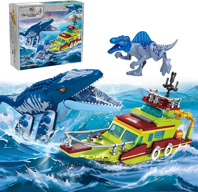 3 in 1 Sea Dinosaur Building Blocks Kit Set Compatible with Lego Dinosaur World Park Spinosaurus Mosasaurus Discovery Crossing Ocean World Building Set Boat STEM Toys Gift Kids Adults Boys Age 8-12