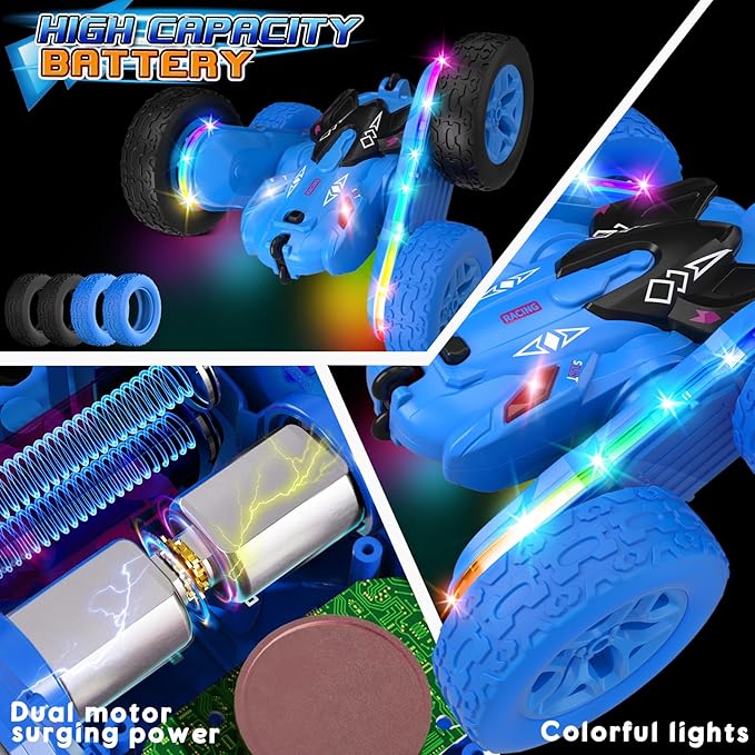 Remote Control CarRC Cars with Sides Light Strip and HeadlightsDouble Sided 360 Flips Rotating RC Stunt Car2.4Ghz All Terrain Toys for Ages 4-8 Kids Toy for Boys Birthday Gift(Blue)