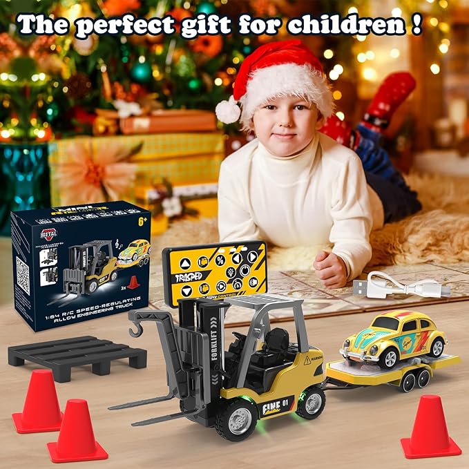 1/64 RC Forklift ToyToys for 6 7 8 9 Year Old Kids Boys2 in 1 Transformable Lift Fork &amp Hook with Lights &amp SoundsRemote Control Car with TrailerRC Construction Toys Kids Gifts