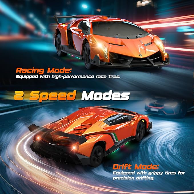 Lamborghini Remote Control Car Toy Officially Licensed RC Drift Car 15Km/h with Underglow &amp Headlights 1:24 Scale 2.4GHz 2 Batteries 60 Min Play RC Gift Toy for Boys &amp Girls Ages 3-12 &amp