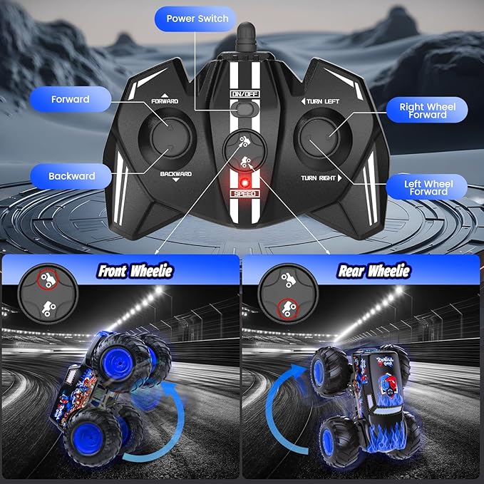 1:14 Waterproof Remote Control Car Front &amp Rear Wheelie Monster Truck Amphibious RC Truck with 2 Sets of Rechargeable Batteries and AAA Batteries 4WD Off-Road Vehicle for Kids Ages 6-12