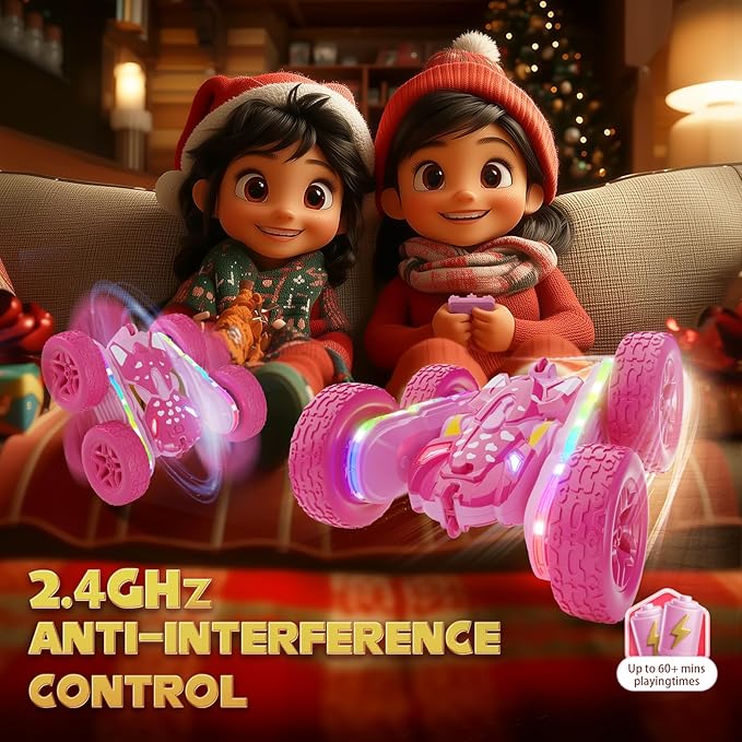 Remote Control Car for Girls Pink RC Cars Stunt RC Car Girl Toys for Girls Double-Sided 360° Rotating with Headlights 4WD Kid Toys for Birthday Gifts (Pink)
