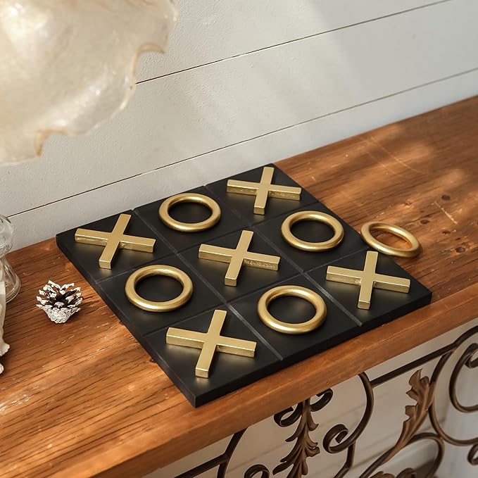NIKKY HOME 12x12 Inch Tic Tac Toe Wood Game Board Classic Coffee Table Decor Modern Wooden Travel Game for Family Black &amp Gold