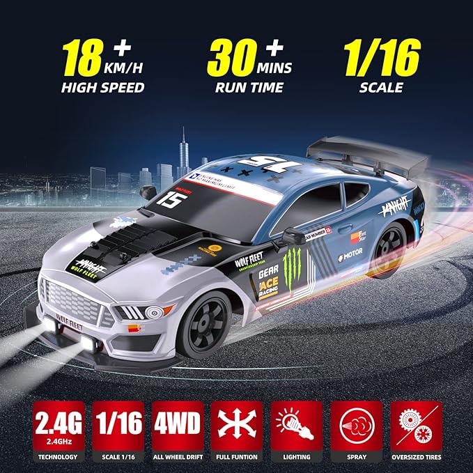 RC Drift Car Drifting RC Car 2.4GHz 1:16 Remote Control Cars 4WD High Speed Racing Vehicle with LED Lights Two Batteries and Drifting Tires Racing Sport Toy Cars for Adults Boys Girls Kids
