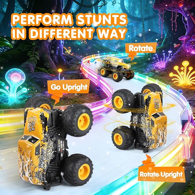 DYODYORC Remote Control Car 2.4Ghz All Terrain Monster Truck Toys RC Truck with Music 3 Lighting Effects 360 Stunt Capable 2 Batteries Ready to Run Toy Gifts for Boys and Girls (Yellow)