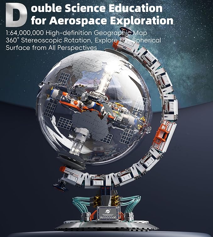 Space Station Globe Building Set for Adults 360° Rotatable STEM Toys with Dual Illumination Modes Compatible with Lego Hobby Gifts for Adults/Teens Home Decor