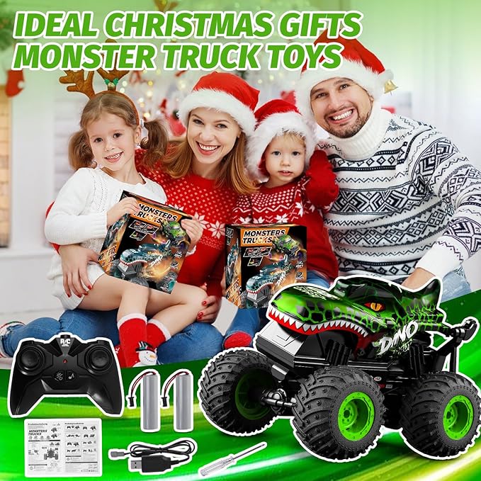 Gohero Monster Truck Toys for Kids 1:20 Dinosaur Toys RC Car Truck with 360° Spins &amp Drifting 2.4GHz All-Terrain Monster Trucks for Boys Age 4-7 | with LED Light Music &amp 2 Rechargeable Batt