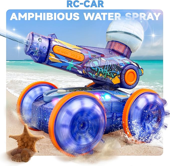 BEZGAR Pool Toys for Kids Amphibious Remote Control Car Toys for Ages 6-8 RC Stunt Car with Water Gun for Boys and Girls 8-12 Remote Control Boat with Light(Blue)