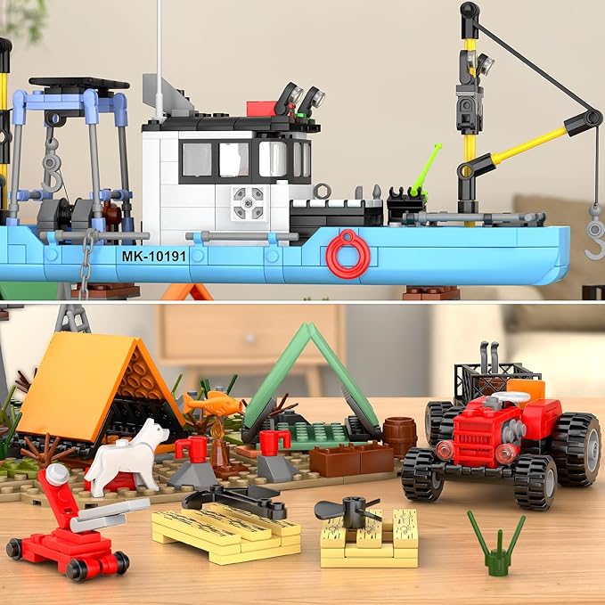 Mould King Seaside City Fishing Boat Building Set Creative Repair Yard with Ship Forklift and Camp DIY Construction Model Kit Idea Gift for Adults &amp Teens 14+ (1234PCS)