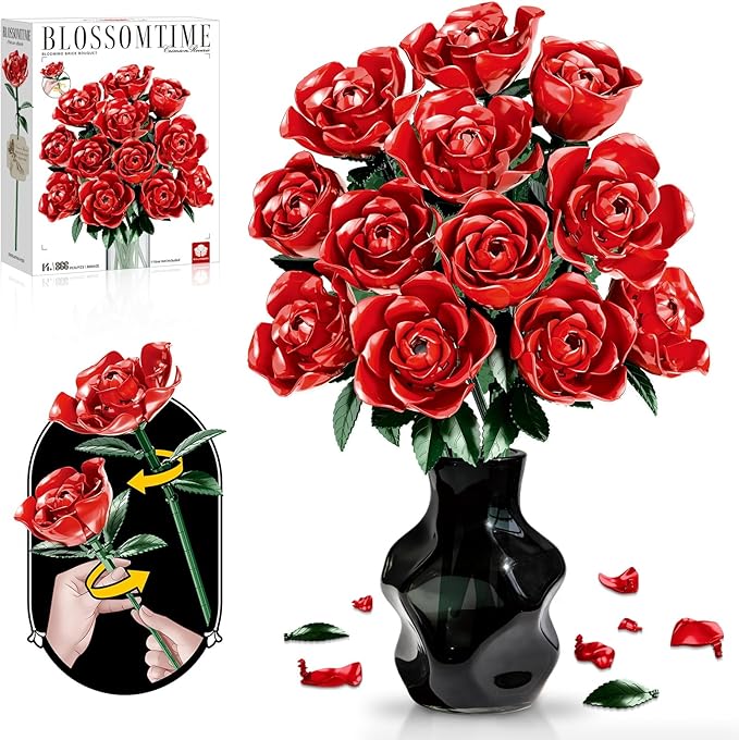 Rose Rotating Everlasting Flower Building Set (866PCS) Compatible Artificial Bouquet Elegant Home/Office Decor Accent for Tabletop Display Long-Lasting Home Decoration (Red)