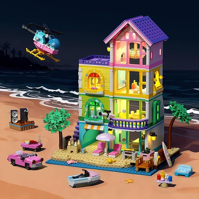 Beach House Building Set with Light NO Compatible with Lego Friend House for Girls Age 8-12 1346PCS Mini Bricks Seaside Villa Creative Holiday Cottage Building Kits for Girl 8-14